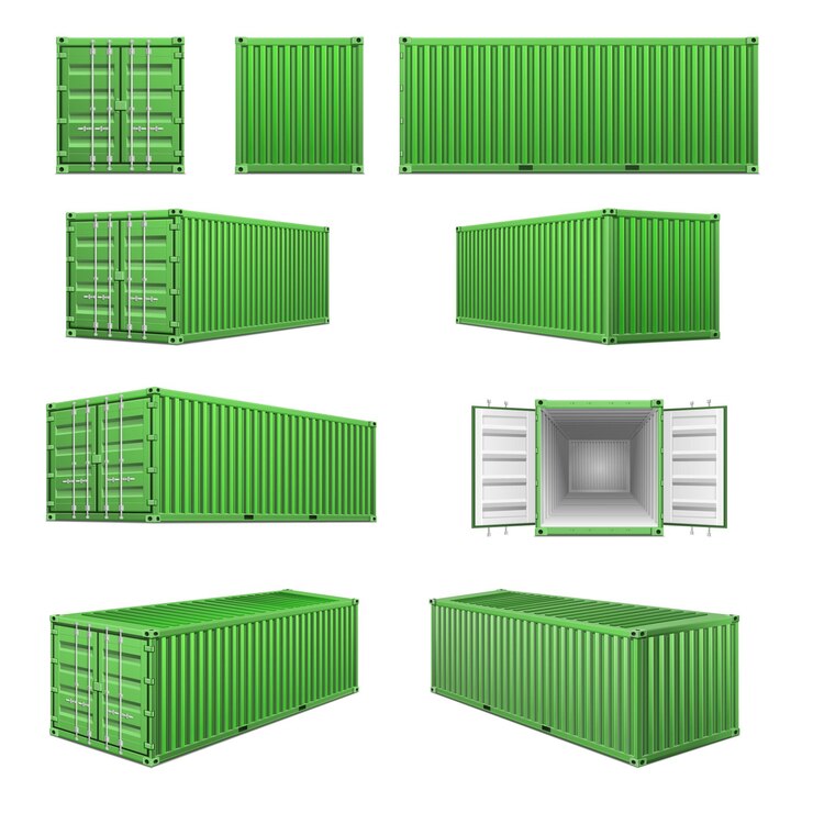 A collection of green shipping containers, commonly employed in architectural design, arranged on a clean white backdrop