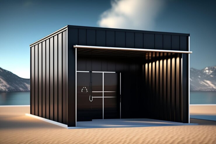 A black architectural shipping container featuring a side door, designed for innovative building purposes.