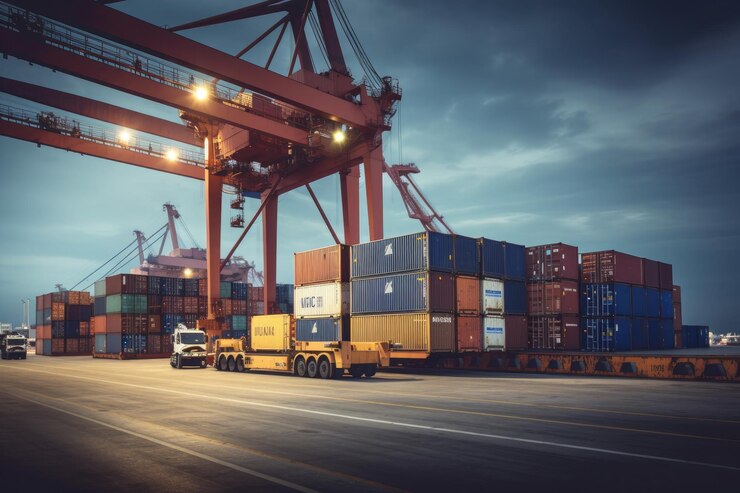 A cargo crane stands behind a parked container truck, ready to load or unload shipping containers.