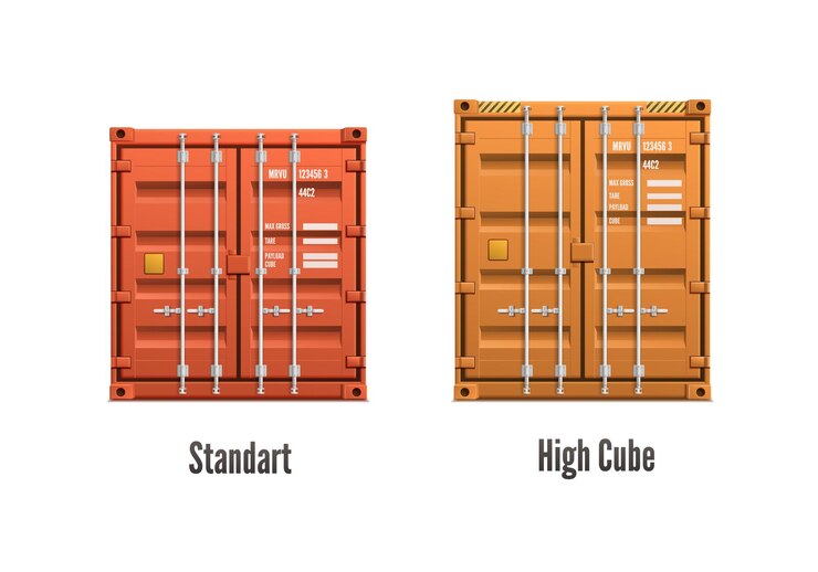 Two rows of standard and high cube shipping containers, showcasing their varying dimensions for efficient cargo transportation