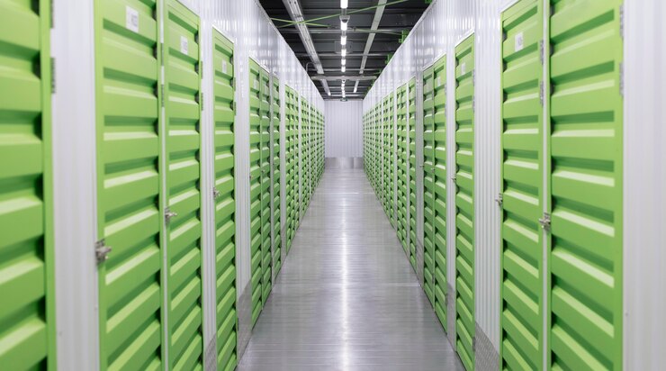 A long hallway is depicted in the image, adorned with green storage units. The scene showcases a shipping container specifically designed for on-site storage.
