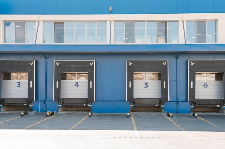 A large warehouse with multiple doors and a sizable blue building is depicted in the image. The facility serves as a shipping container for onsite storage.