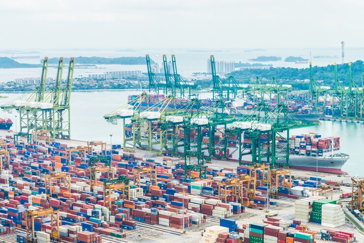 The image depicts a bustling port from an aerial perspective, with numerous containers visible. These shipping containers have revolutionized the world, and continue to play a vital role in global trade.