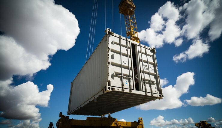 A crane carefully hoists a container onto a truck, showcasing the efficient transportation of a temporary construction space container.
