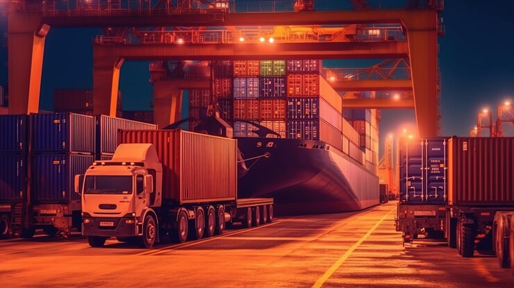 A truck parked beside a container ship at night, highlighting the temporary construction space container and its benefits.