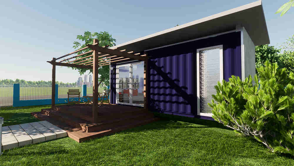 A charming house with a porch and deck, showcasing creative uses for shipping containers in a garden setting.