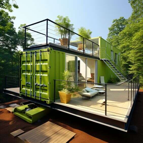 A cozy container home nestled in the woods, featuring a deck and equipped with shipping container accessories.