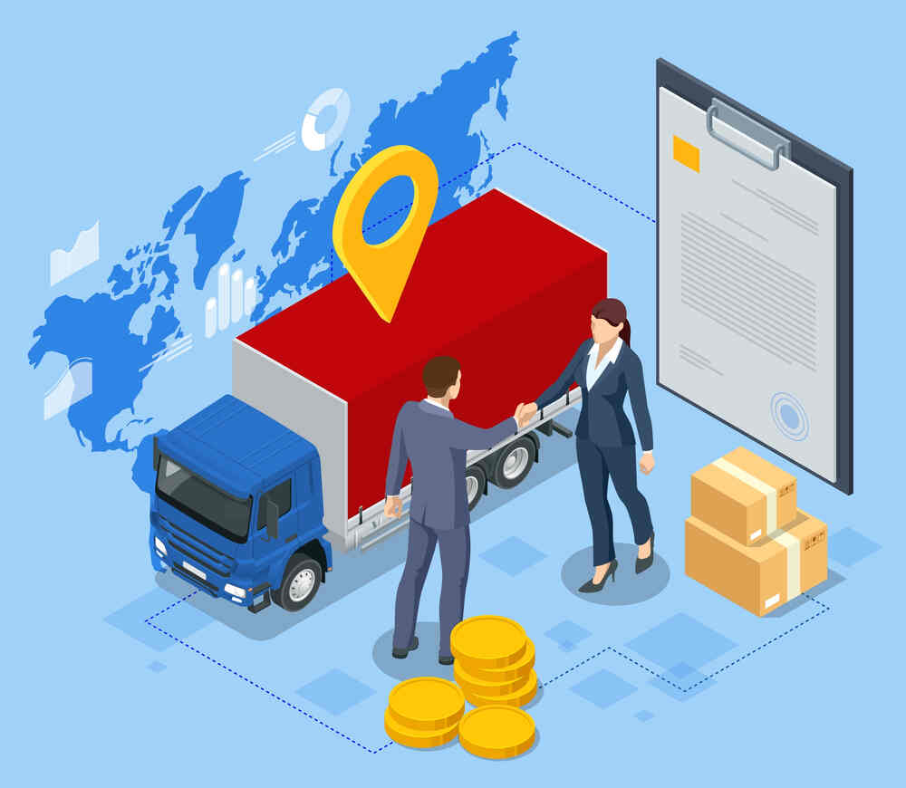 Isometric illustration of a delivery truck with people, a map, and coins, representing logistics and delivery services