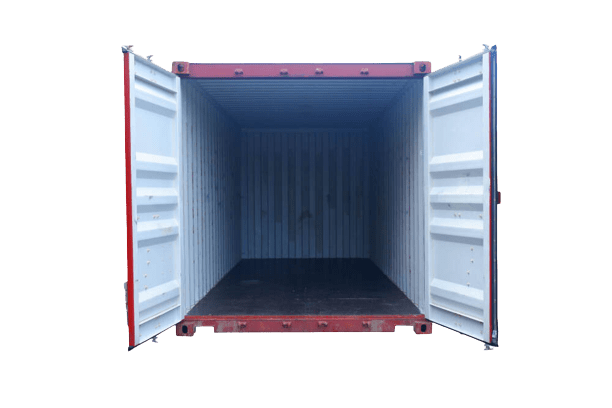 A side-opening shipping container with a wide open door, providing access to a spacious storage area.